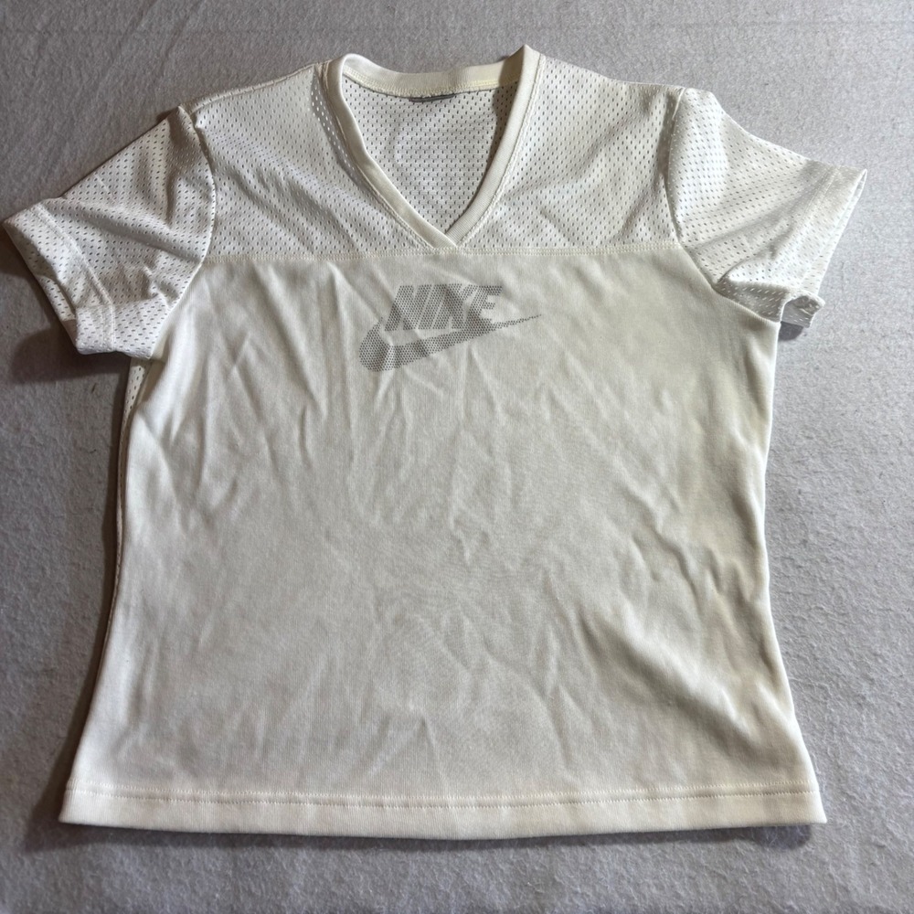 Vintage Y2K Nike Womens Athletic V‎ Neck Mesh Short Sleeve T Shirt White Size S